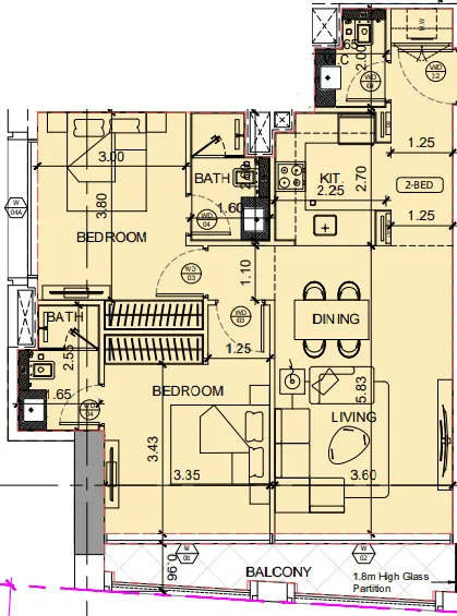 Binghatti Moonlight 2 bed floor plan, 934 sqft
