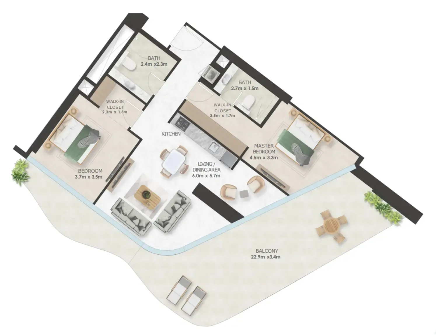 Oystra 2 bed floor plan, 1,852 sqft