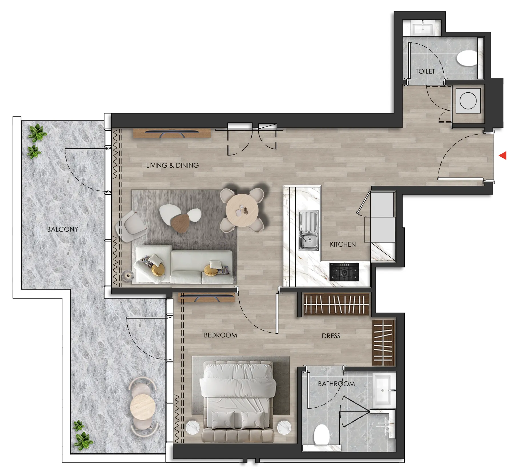 Island Heights 1 bed floor plan, 824 sqft