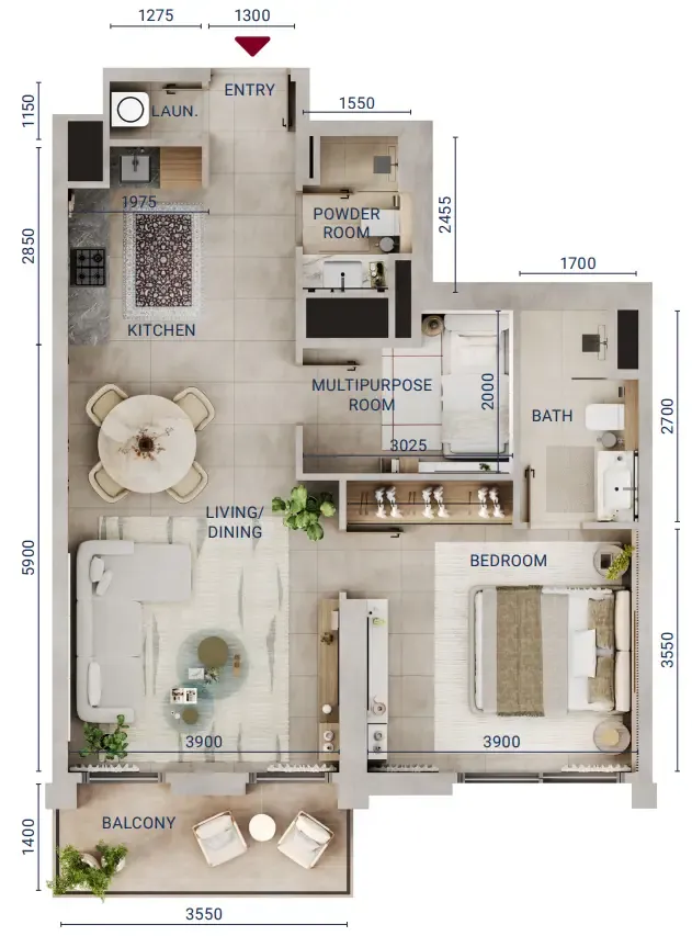 Mirdad 1 bed floor plan, 806 sqft