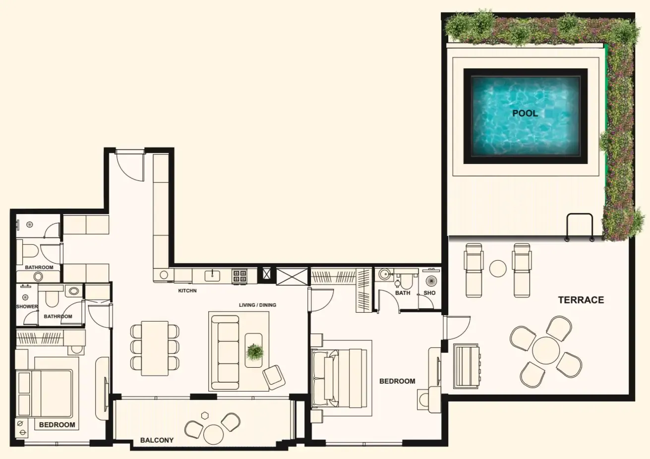 The Elysian 2 bed floor plan, 2,289 sqft