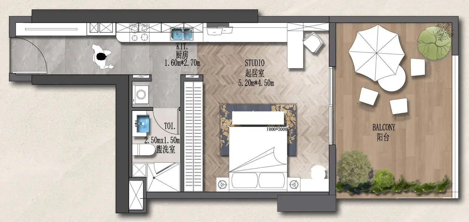 Forest City 2 Studio floor plan, 653 sqft