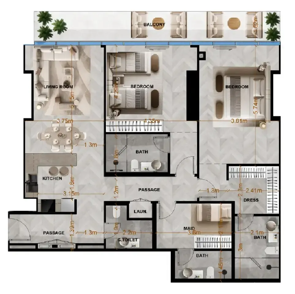 Radiant Terrace 2 bed floor plan, 1,538 sqft
