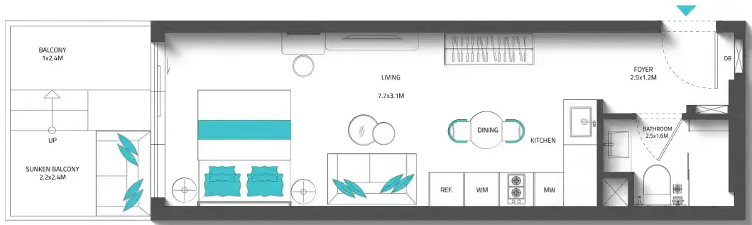 Reef 996 Studio floor plan, 453 – 464 sqft