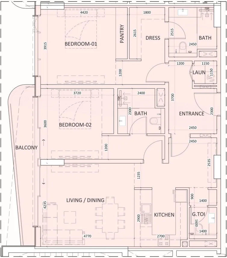 Luzora Residence 2 bed floor plan, 1,303 sqft