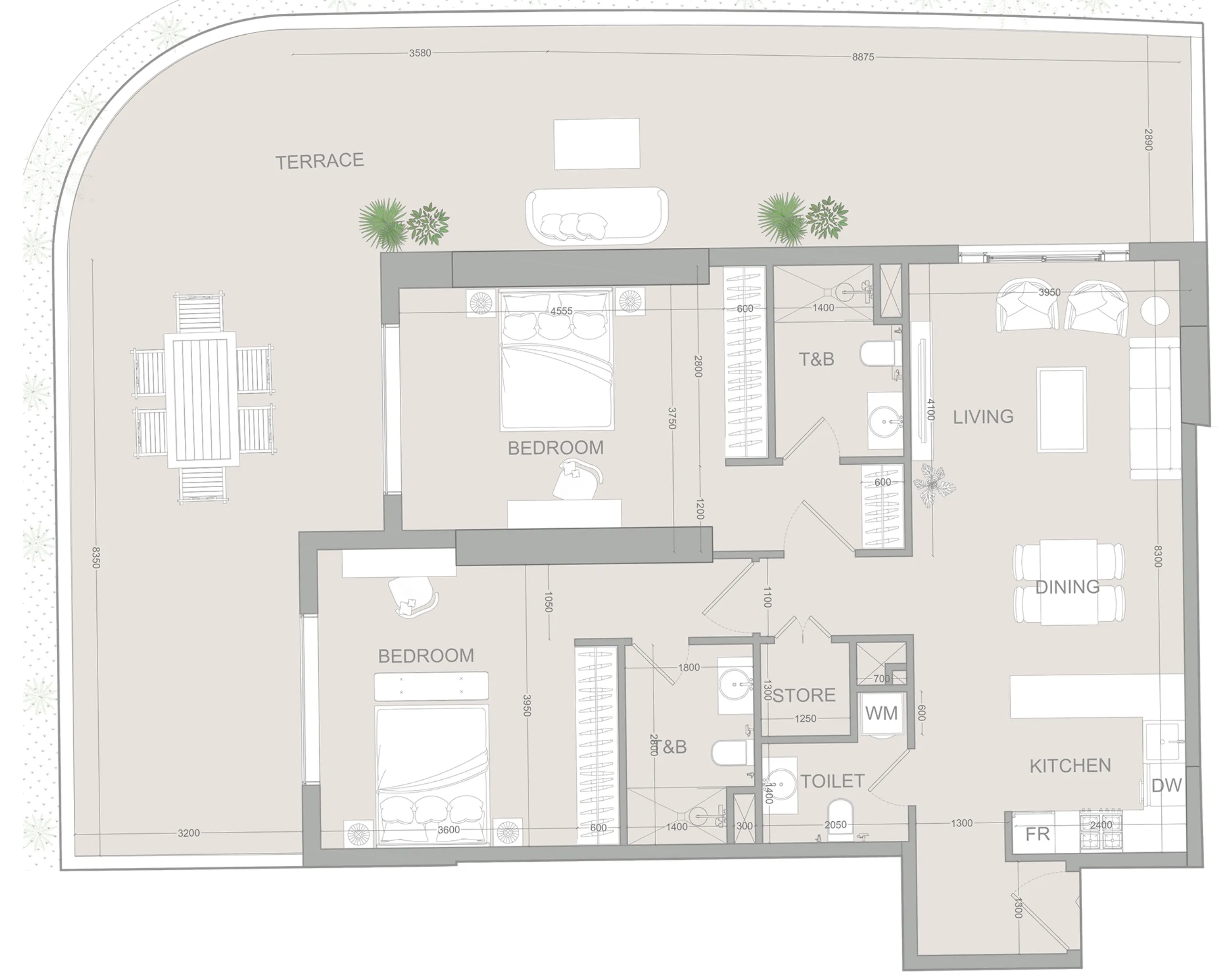 AUREL1A Residence 2 bed floor plan, 2,001 sqft