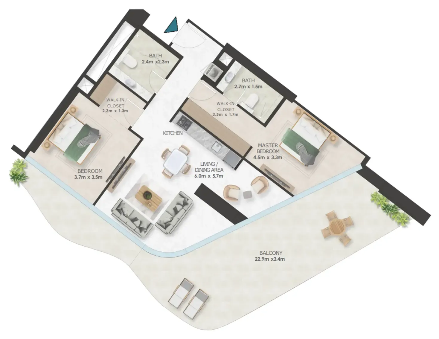 Oystra 2 bed floor plan, 1,642 sqft