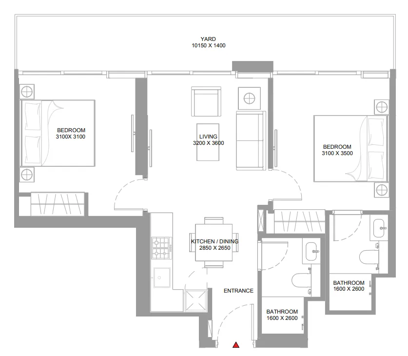 Pierside Marina Residences 2 bed floor plan, 824 – 825 sqft