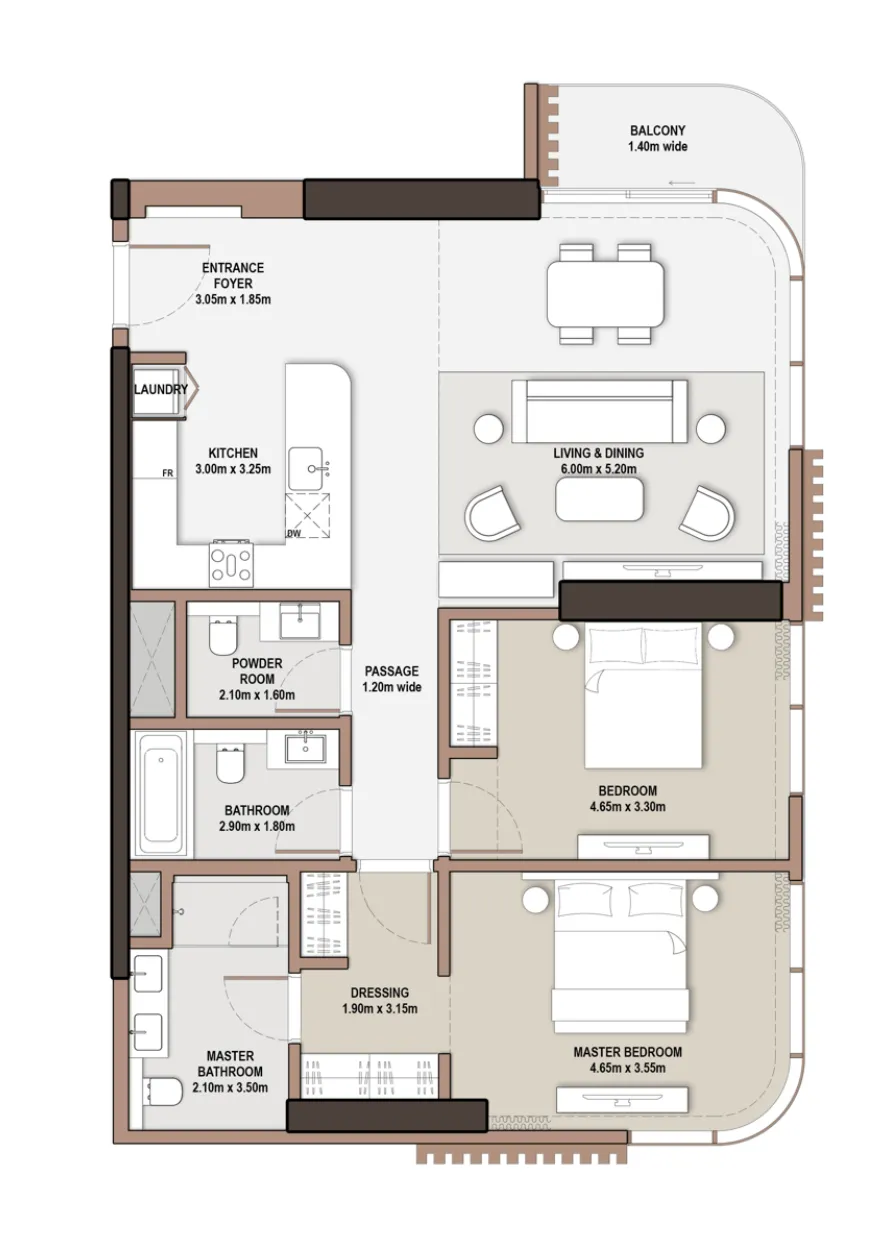 The Edit at d3 2 bed floor plan, 1,328 – 1,330 sqft