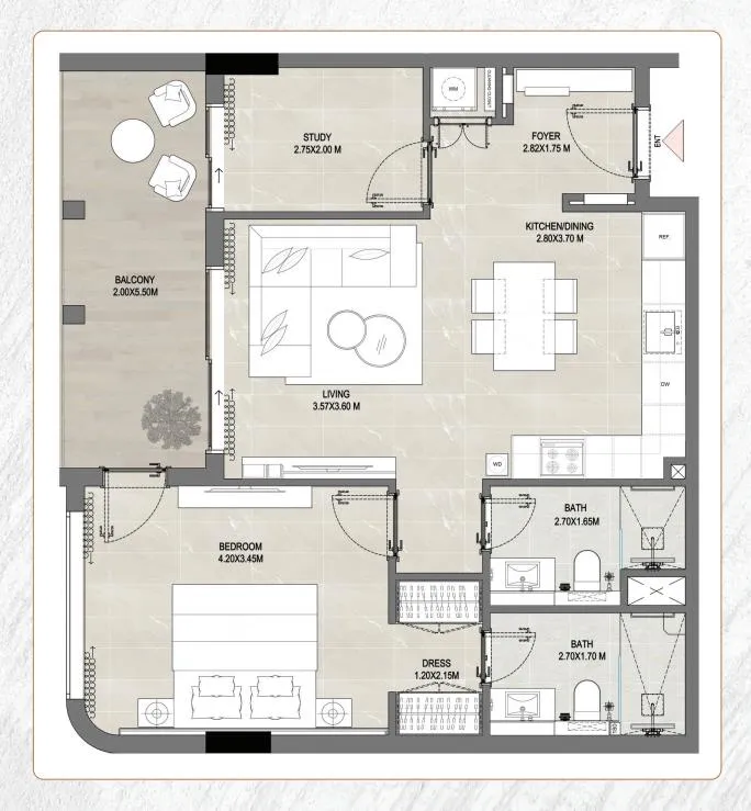 Amber by Enso 1 bed floor plan, 860 sqft