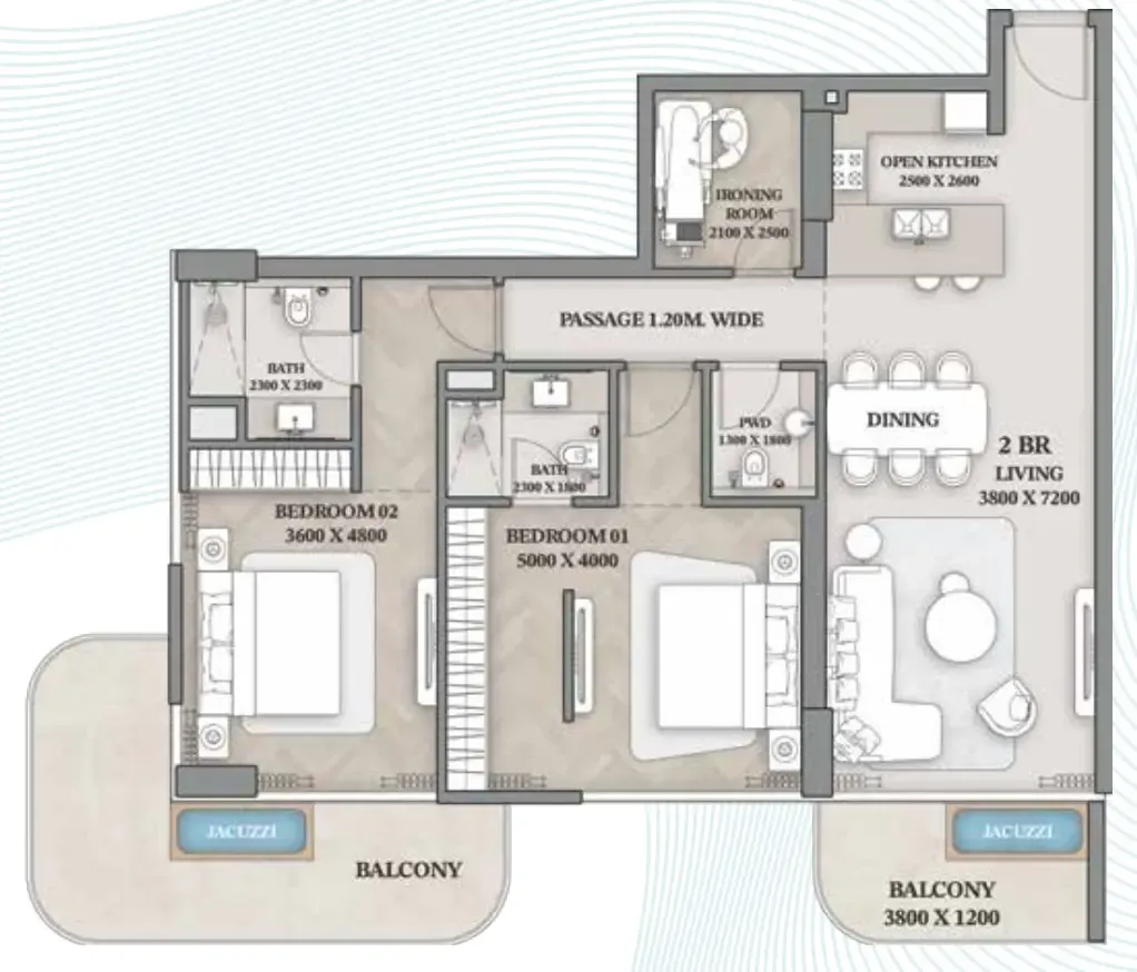 Wellington Ocean Walk 2 bed floor plan, 1,485 sqft