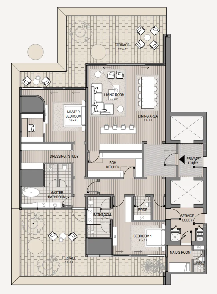 Vela Viento 2 bed floor plan, 3,862 sqft
