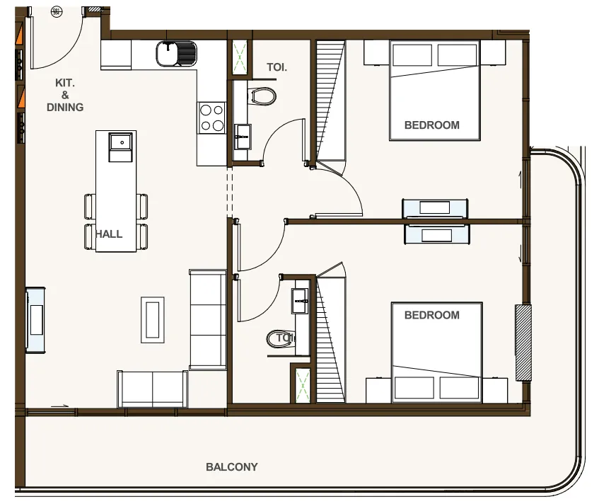Casa Aura Residence 2 bed floor plan, 1,045 – 1,092 sqft