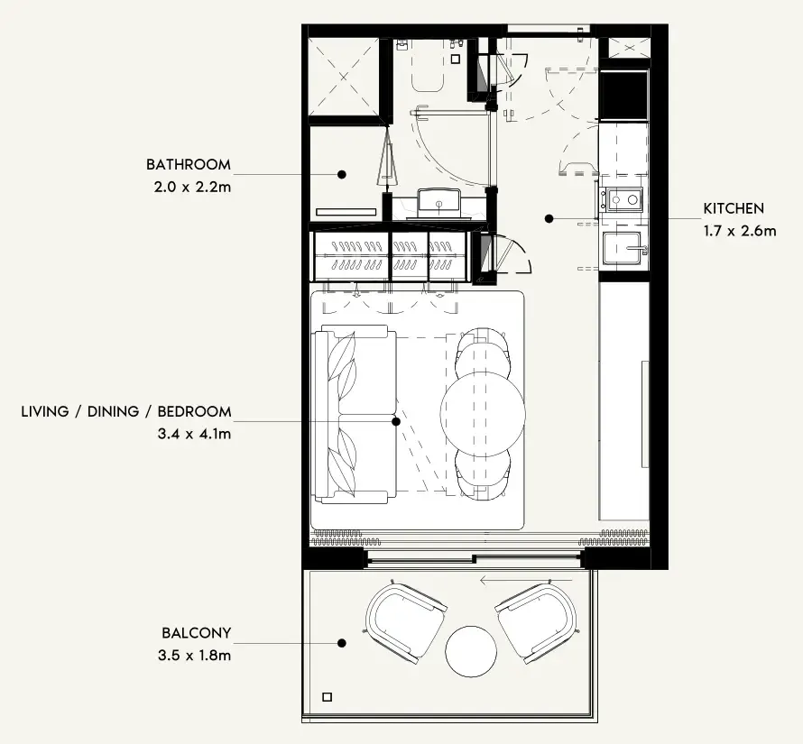 Azizi Noura Studio floor plan, 340 sqft