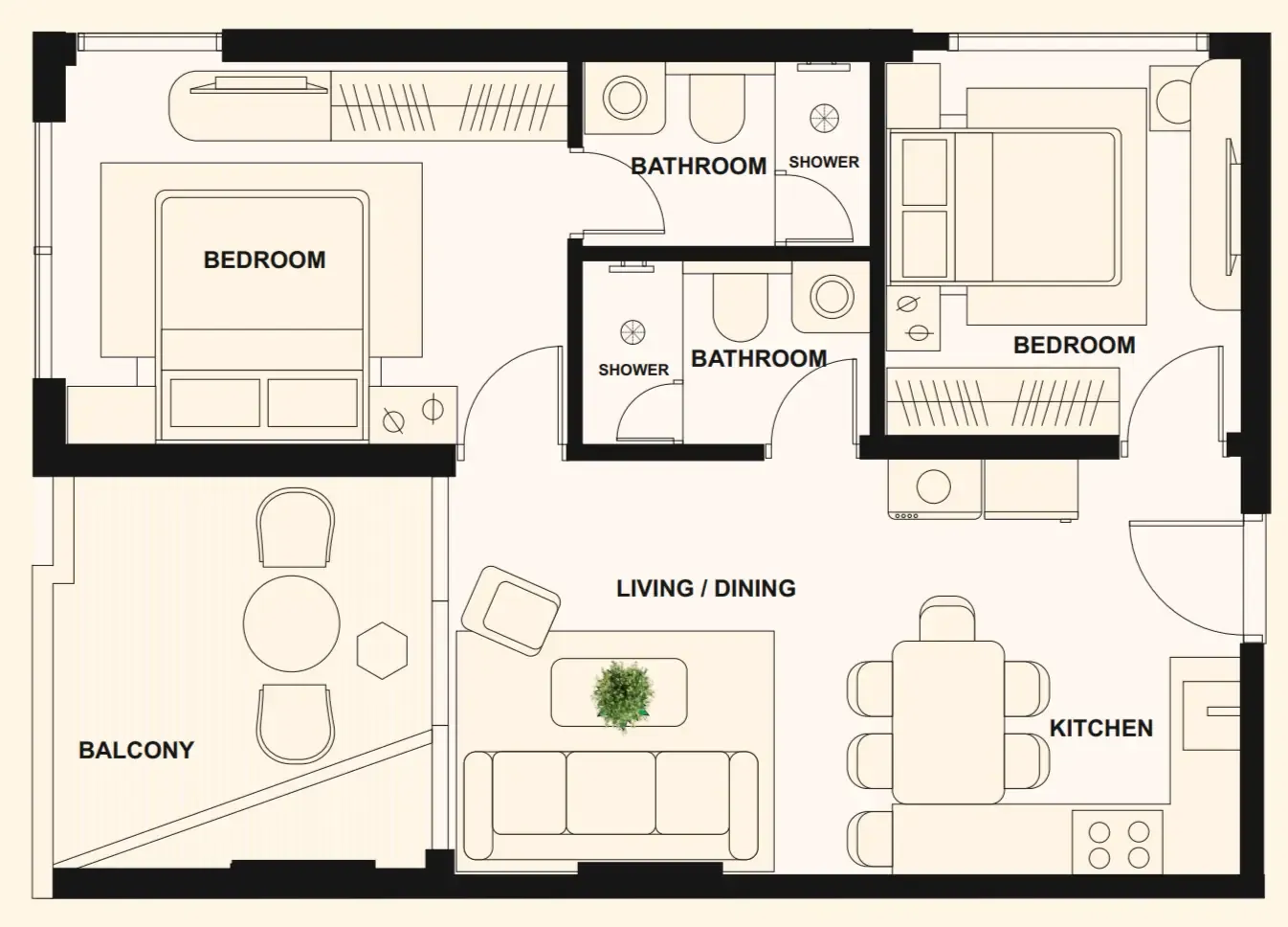 The Elysian 2 bed floor plan, 771 sqft