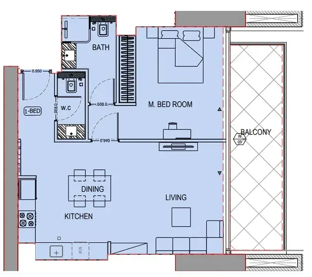 Binghatti Apex 1 bed floor plan, 834 sqft