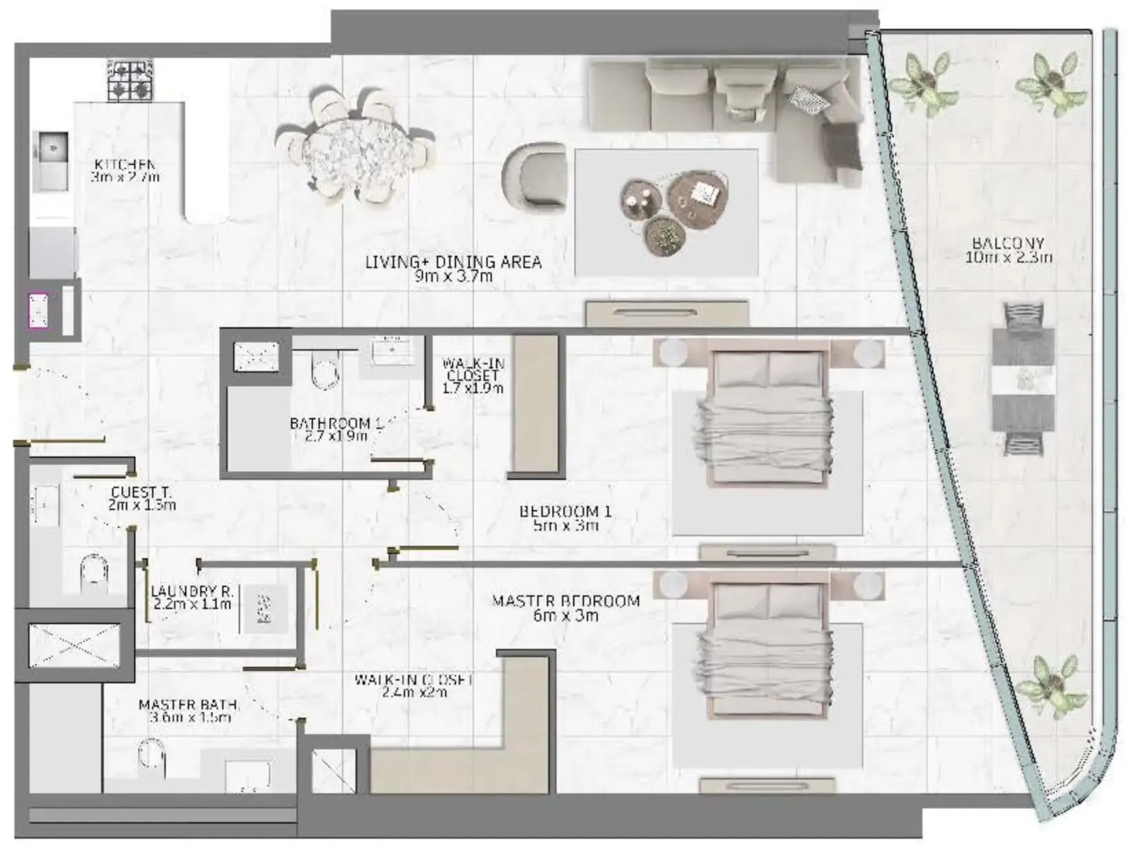 Al Habtoor Tower 2 bed floor plan, 1,614 sqft