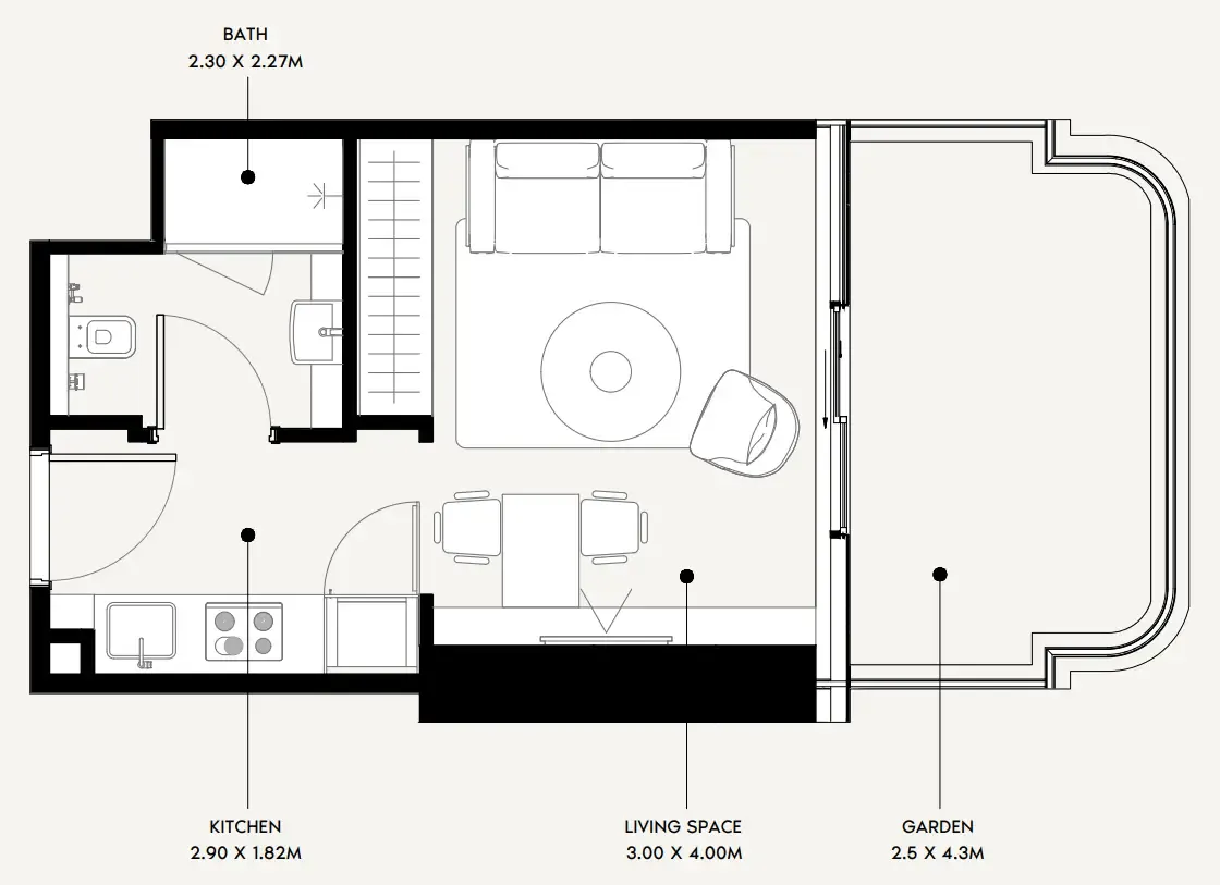 Azizi Milan Studio floor plan, 411 sqft