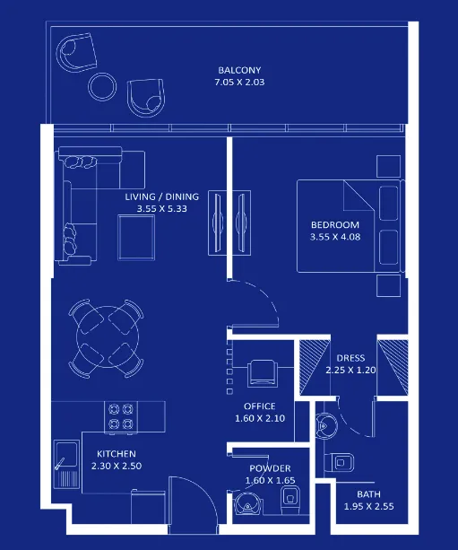 Oceanz 1 bed floor plan, 726 sqft