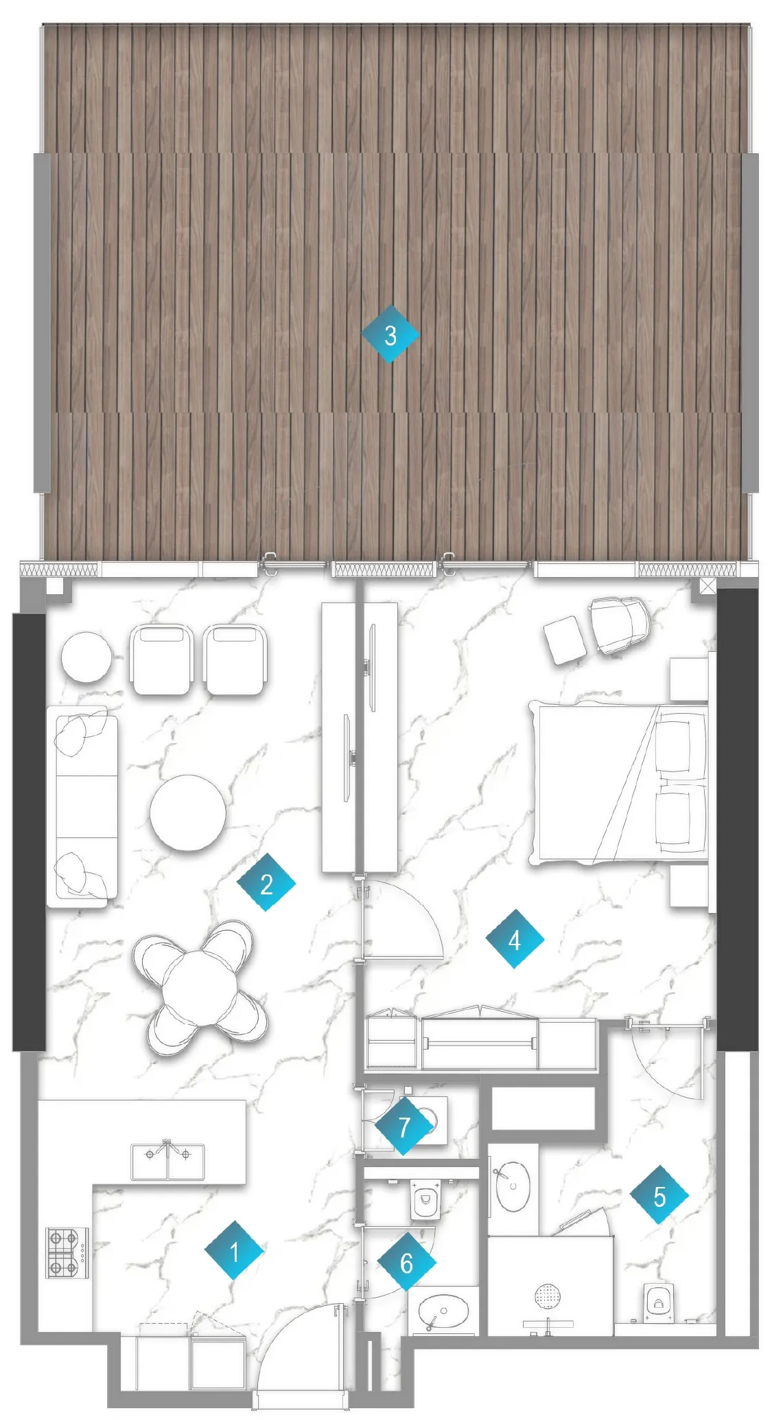 Aqua Arc 1 bed floor plan, 1,408 sqft