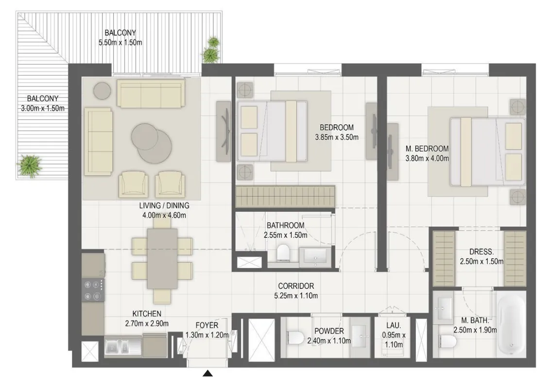 Layla Residences 2 bed floor plan, 1,183 sqft