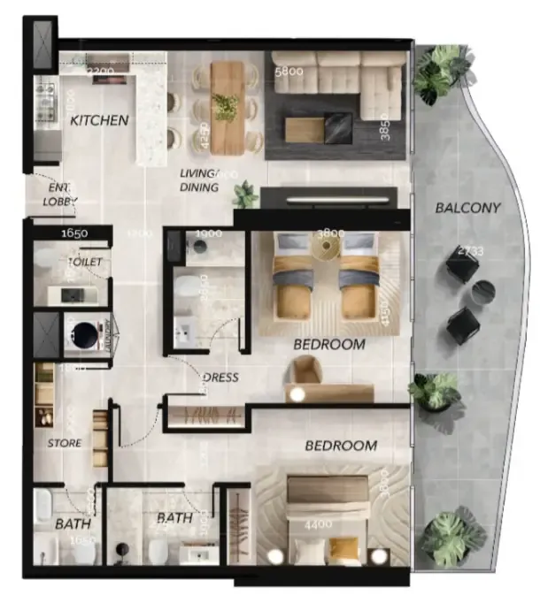 Radiant Waves 2 bed floor plan, 1,491 sqft