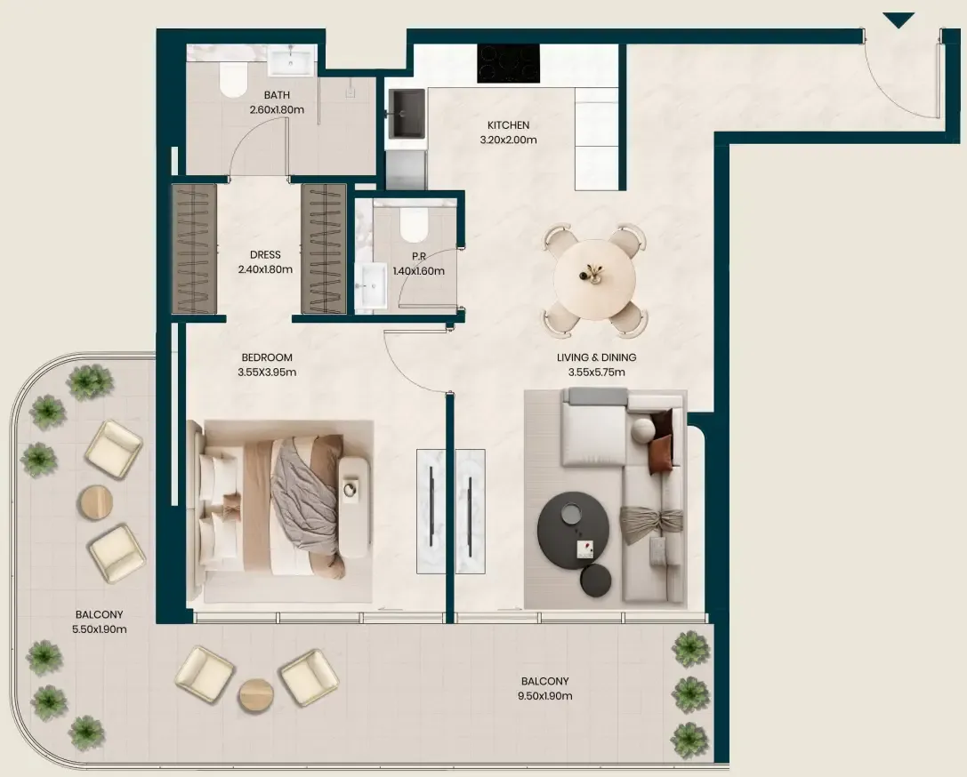 Kyomi Residences 1 bed floor plan, 971 sqft