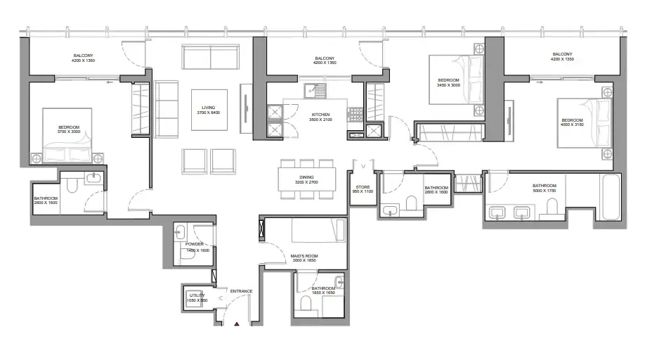 The Element at Sobha One 3 bed floor plan, 1,874 sqft