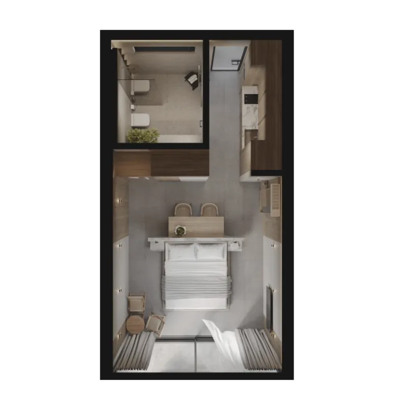 AWWA Hotel 1 bed floor plan, 355 sqft