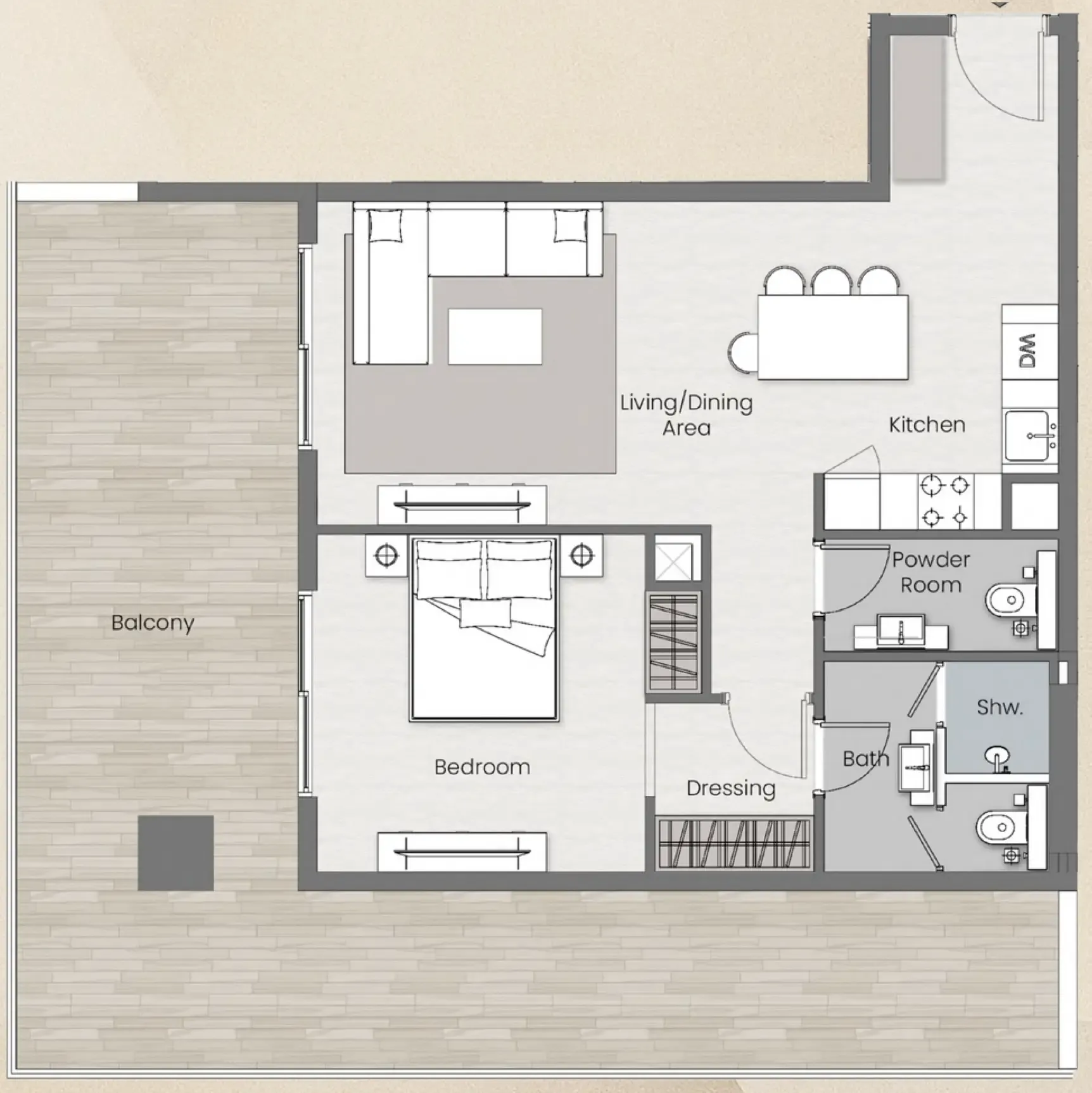 Beverly Park 1 bed floor plan, 1,163 sqft