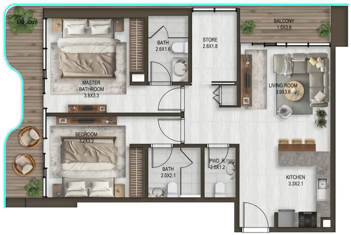 Noore 2 bed floor plan, 1,128 sqft