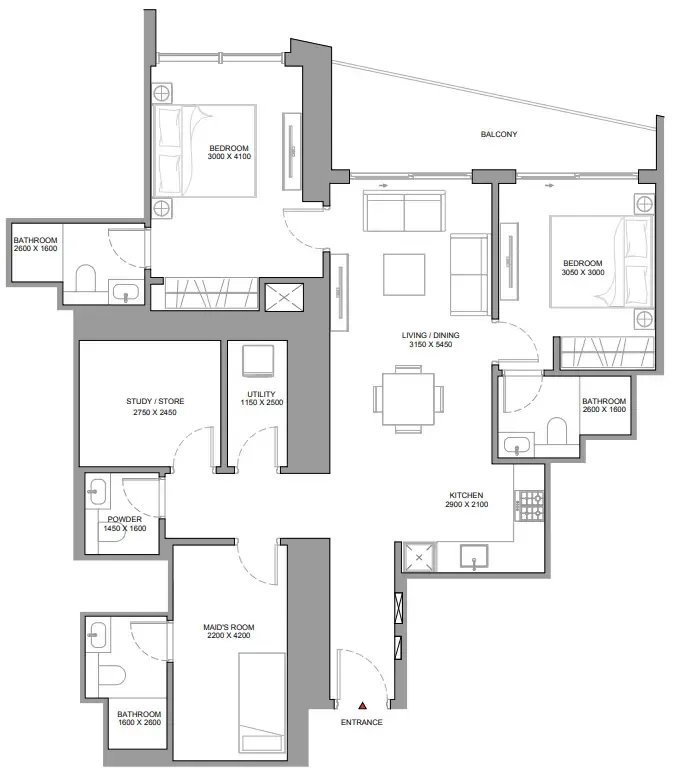 The Horizon at Sobha Central 2 bed floor plan, 1,346 sqft