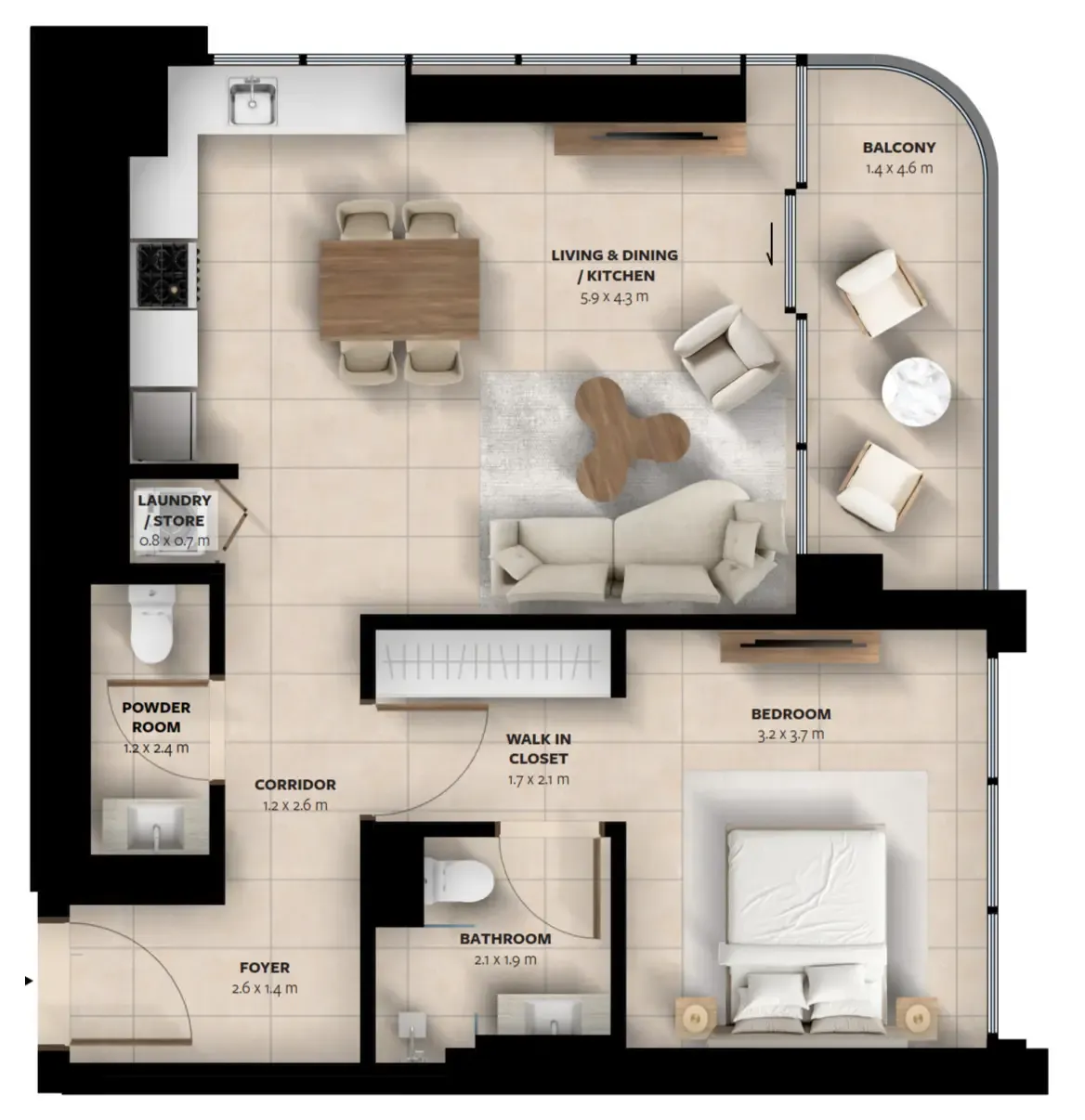 Waada Dubai South 1 bed floor plan, 745 – 757 sqft