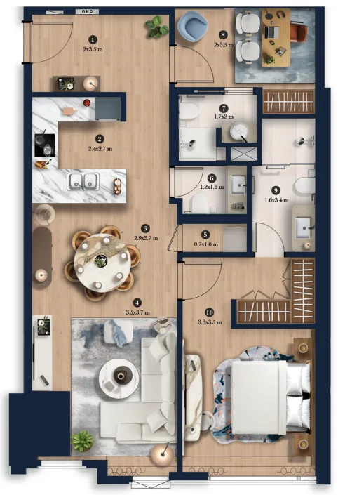 Hilton Residences Dubai JLT 1 bed floor plan, 875 sqft
