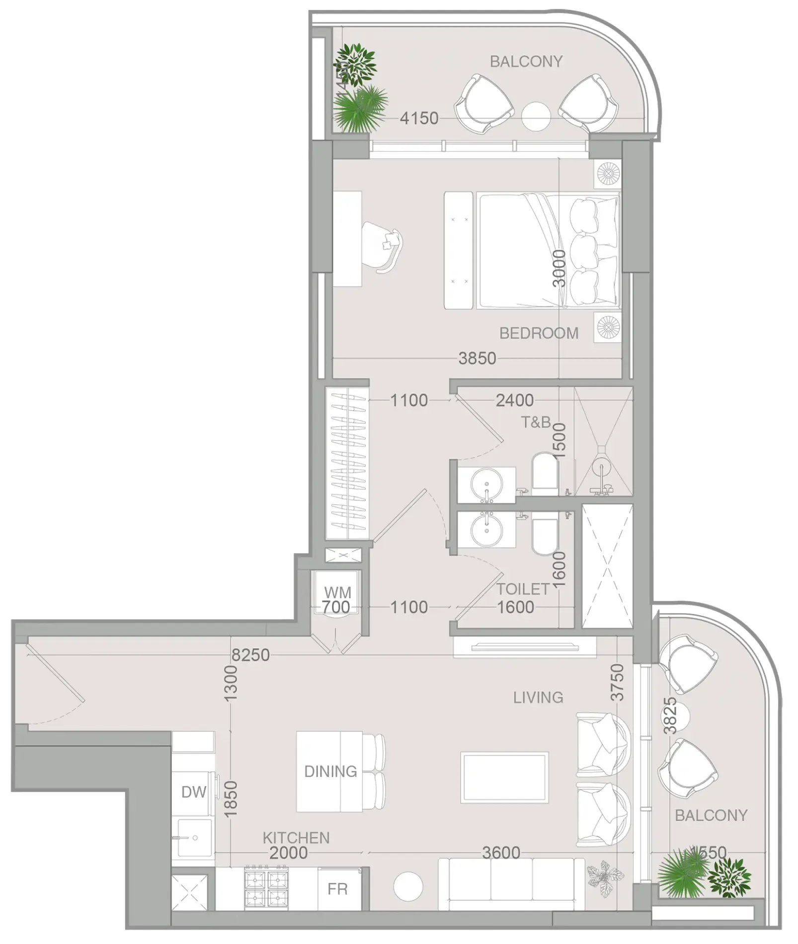ALTA V1EW 1 bed floor plan, 747 sqft