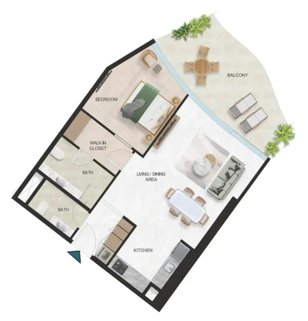 Oystra 1 bed floor plan, 989 sqft