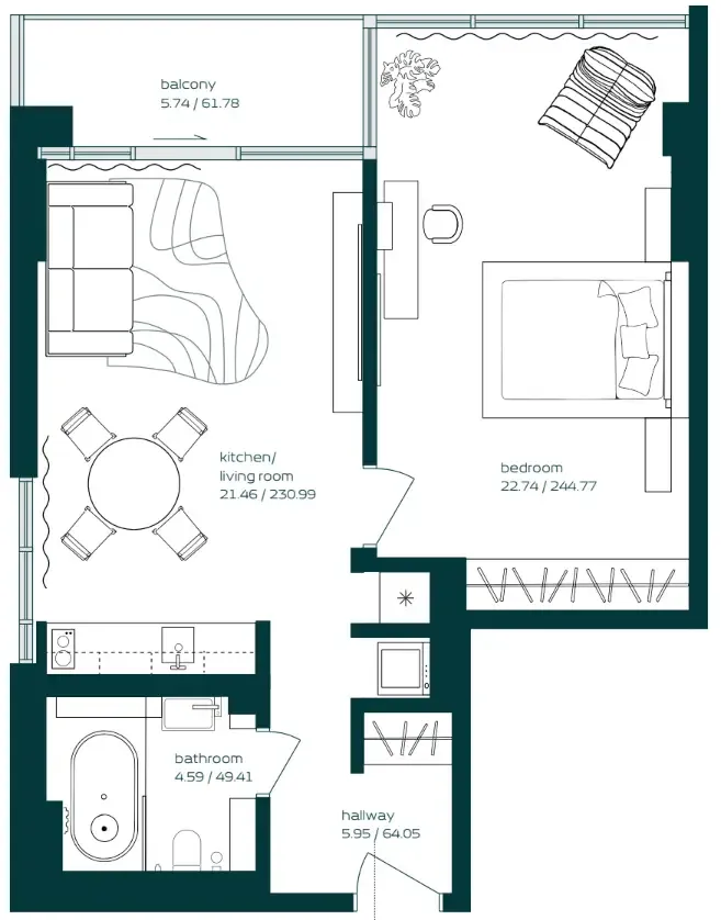 Vibe 1 bed floor plan, 733 sqft