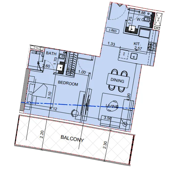 Binghatti Aquarise 1 bed floor plan, 835 sqft