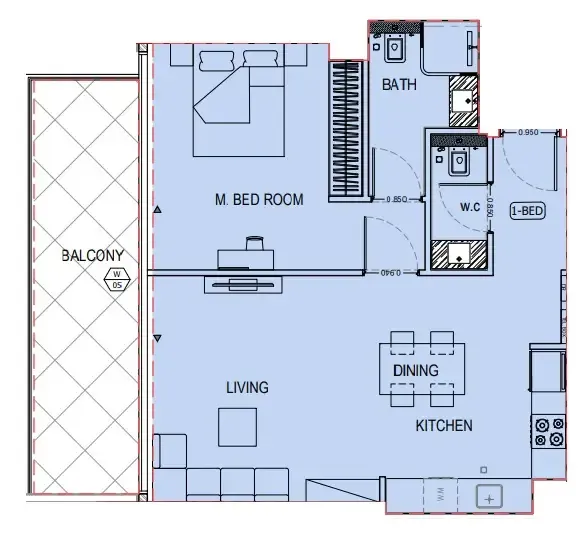 Binghatti Apex 1 bed floor plan, 832 sqft