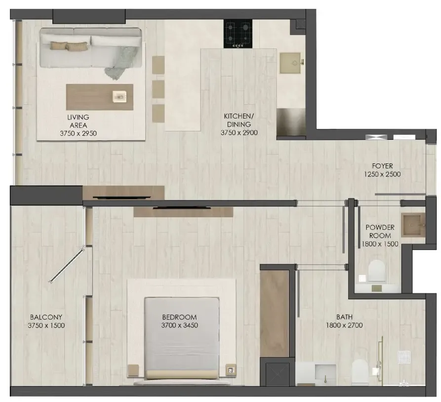 JAD 288 1 bed floor plan, 655 – 788 sqft