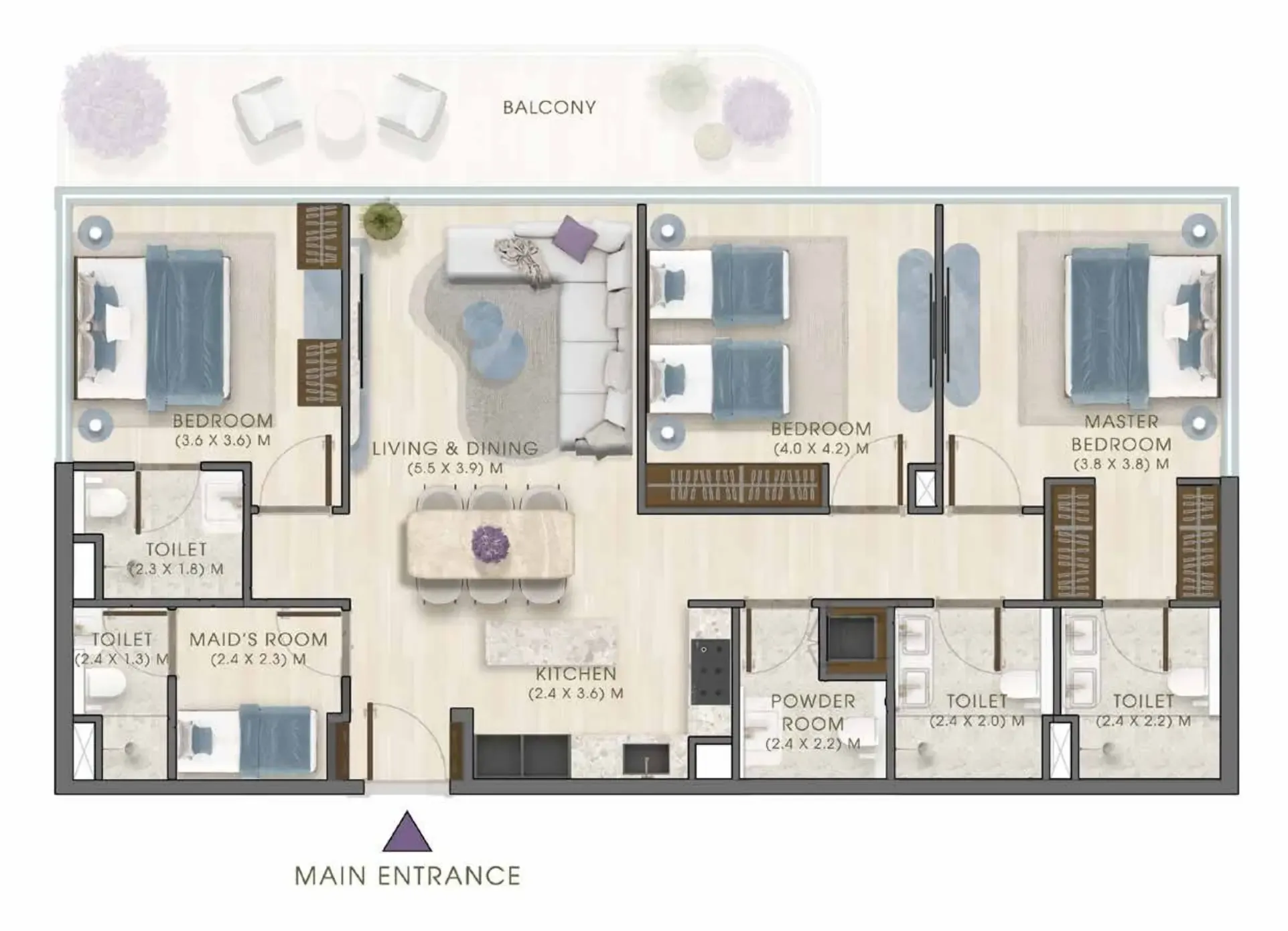 Kaia Residences 3 bed floor plan, 1,624 – 1,748 sqft