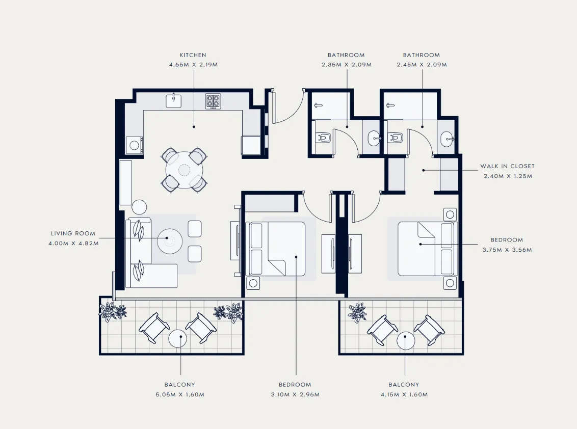 Azizi Venice 2 bed floor plan, 1,068 sqft
