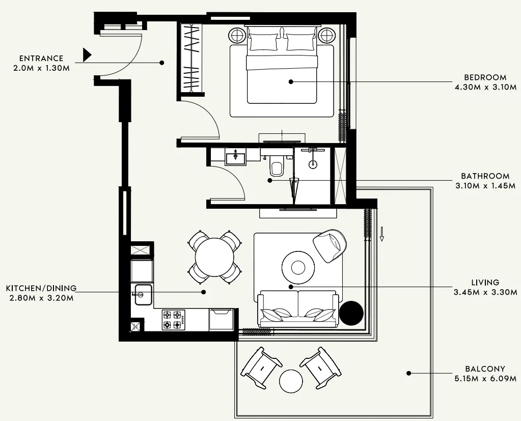 Azizi Venice 1 bed floor plan, 720 sqft