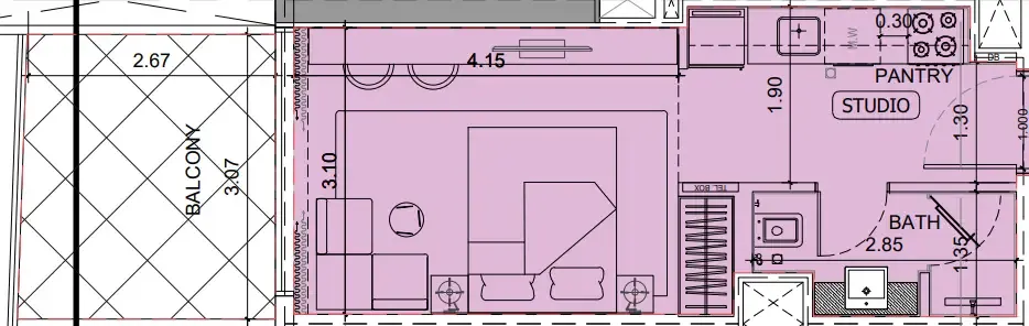 Project Maybach Studio floor plan, 390 sqft