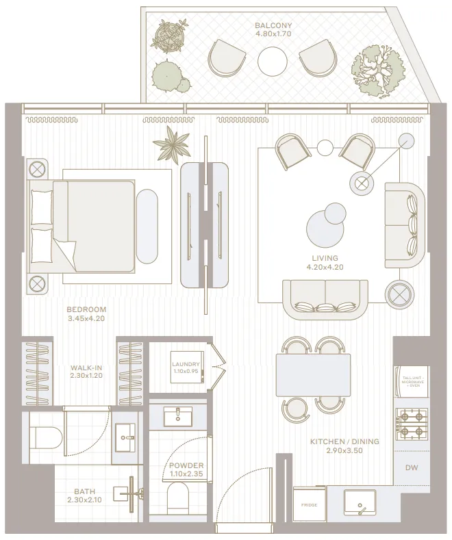 Park Five 1 bed floor plan, 769 sqft