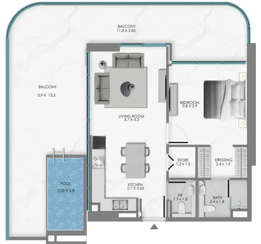 Samana Ocean Bay 1 bed floor plan, 1,332 sqft