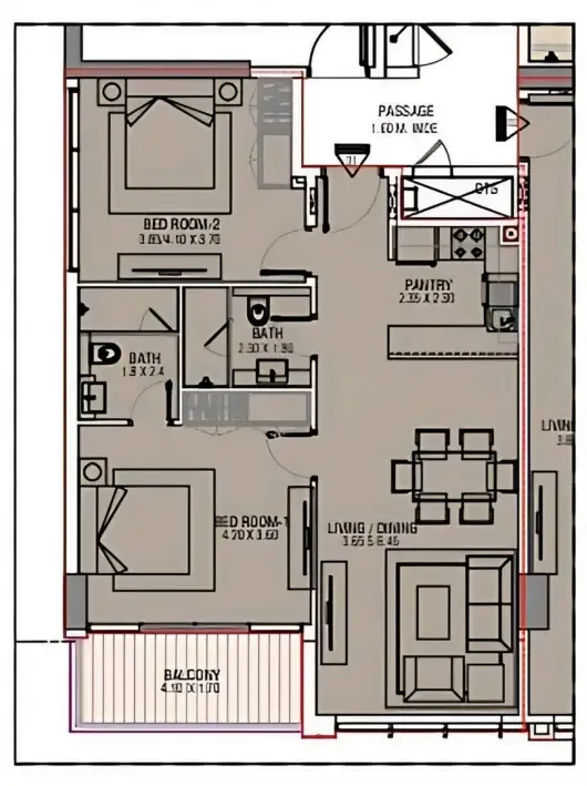 Brand Centro 2 bed floor plan, 940 sqft