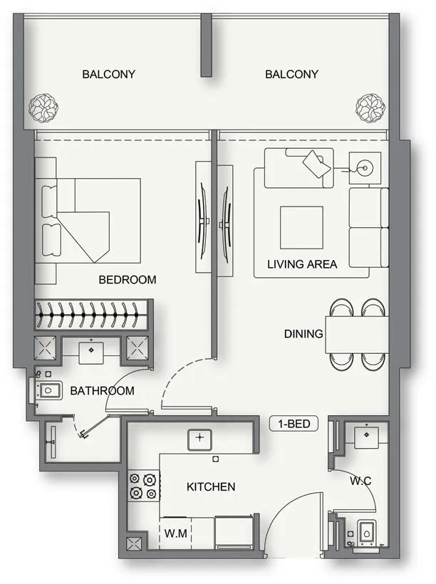 Binghatti Cullinan 1 bed floor plan, 728 – 729 sqft