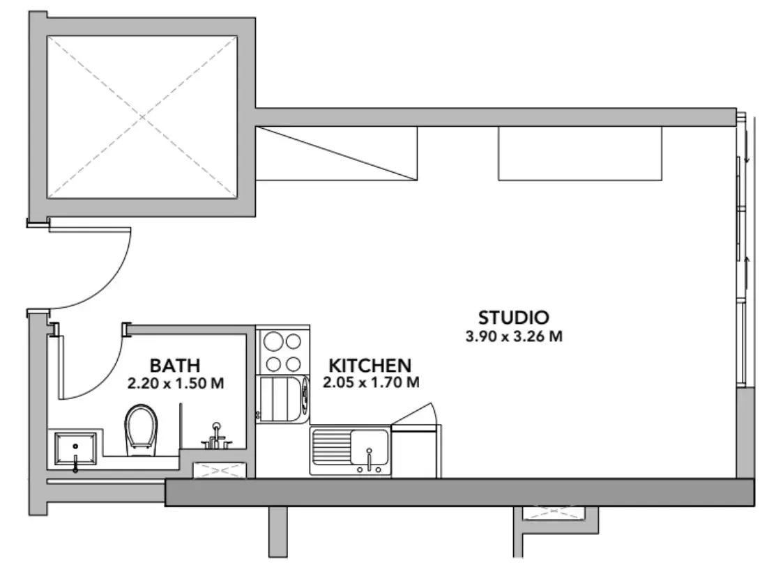 Blue Pearls Studio floor plan, 412 sqft