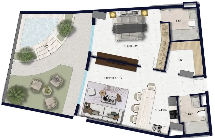 Xenia Residence 1 bed floor plan, 1,265 sqft